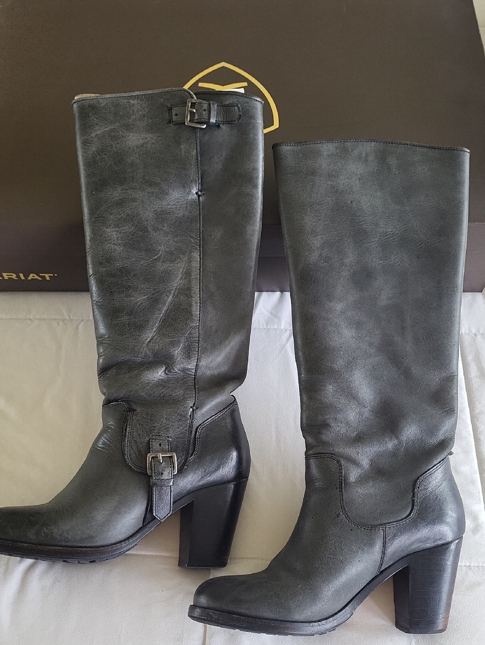 Ariat Gray Leather Tall Heeled Buckle Boots